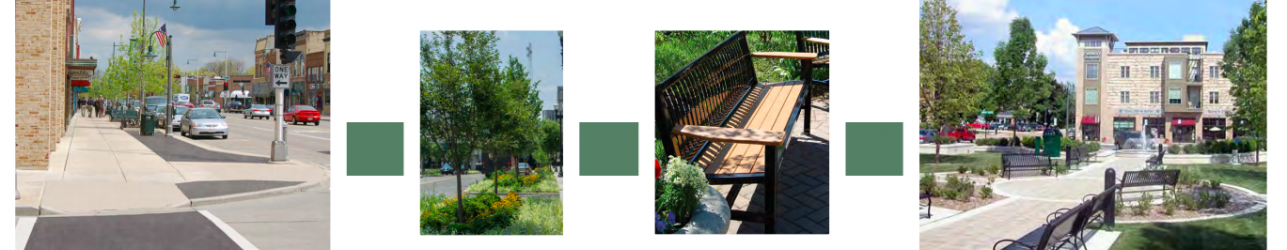 Photos of updated streets with sidewalks, benches, and vegetation