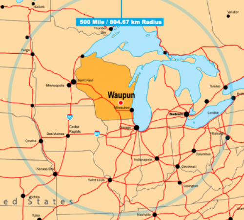 Waupun mile radius on Wisconsin map to show midwest region