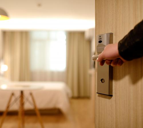 Bedroom door entrance of hotel room