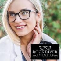 Rock River Eye Wear Logo over Woman with Glasses