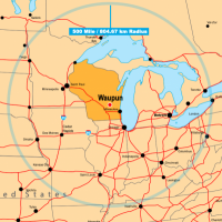 Waupun mile radius on Wisconsin map to show midwest region