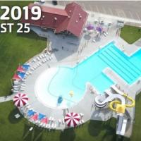 Ariel view of the aquatic center with the text "summer 2019 june 8 - august 25"